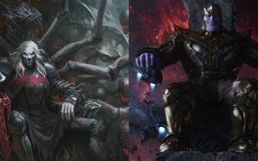 Fantasy villains on thrones, dark themed artwork.