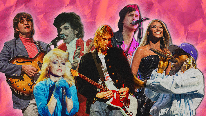 Seven musicians performing with instruments and microphones