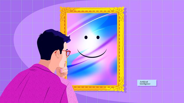 Man admiring smiling face in colorful mirror.