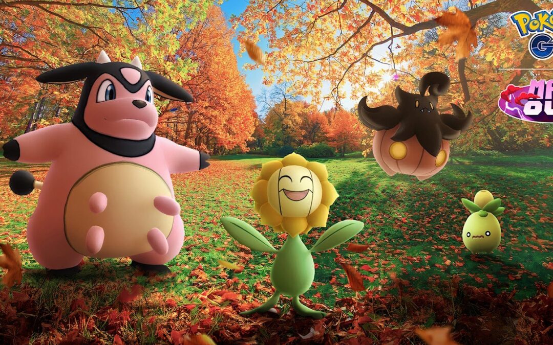 Pokémon characters in autumn forest scene