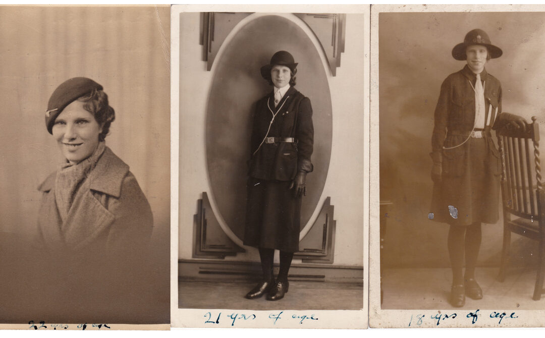 Vintage portraits of a young woman in hats.