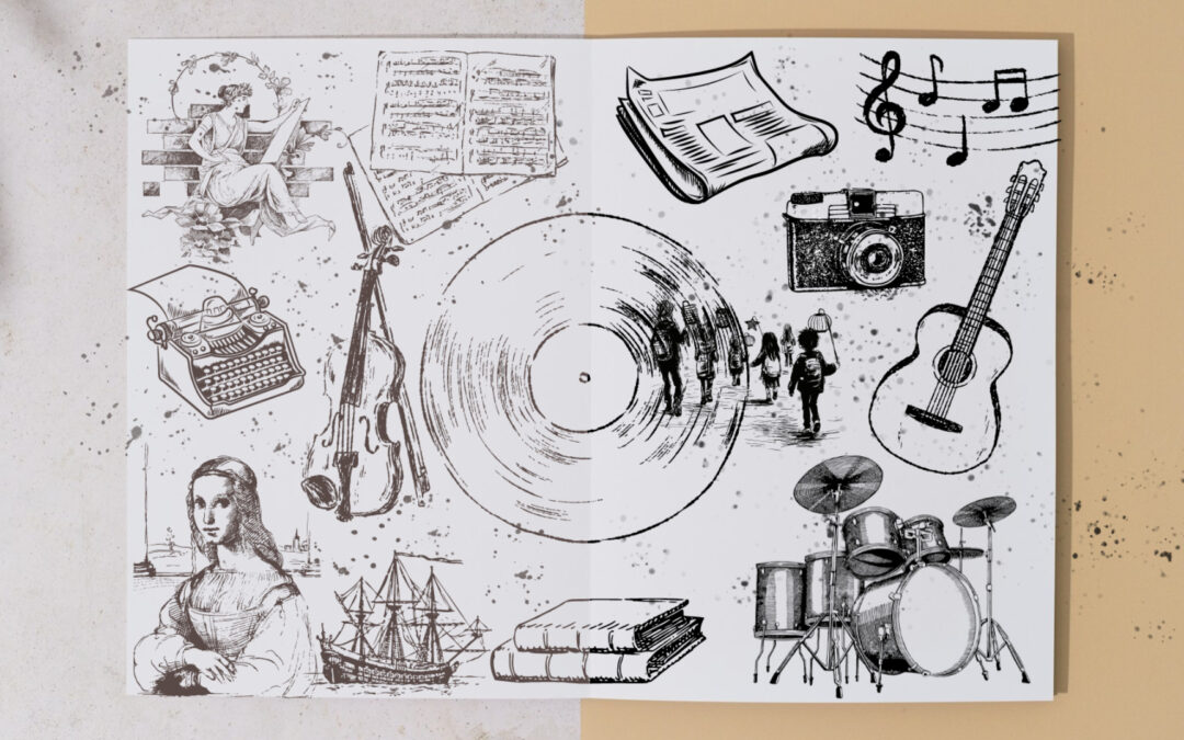 Collection of artistic and musical illustrations.