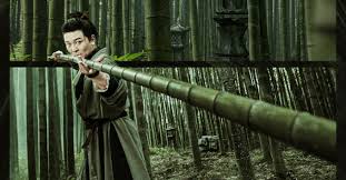 Martial artist in bamboo forest with staff