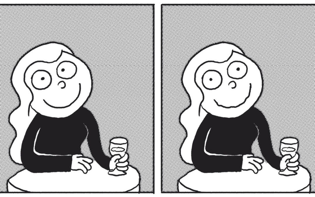 Cartoon woman holding a glass, confused expression.