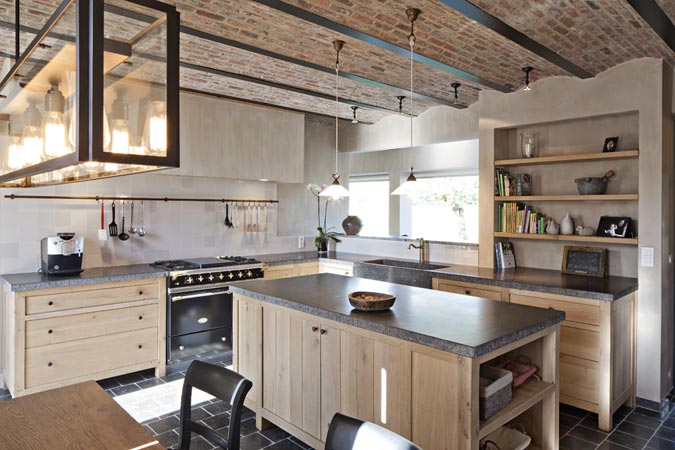Modern kitchen with wooden cabinets and island